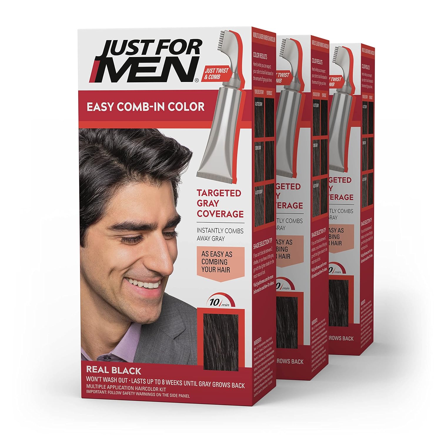 Just For Men Easy Comb-In Color Mens Hair Dye, Easy No Mix Application with Comb Applicator - Real Black, A-55, Pack of 3-0