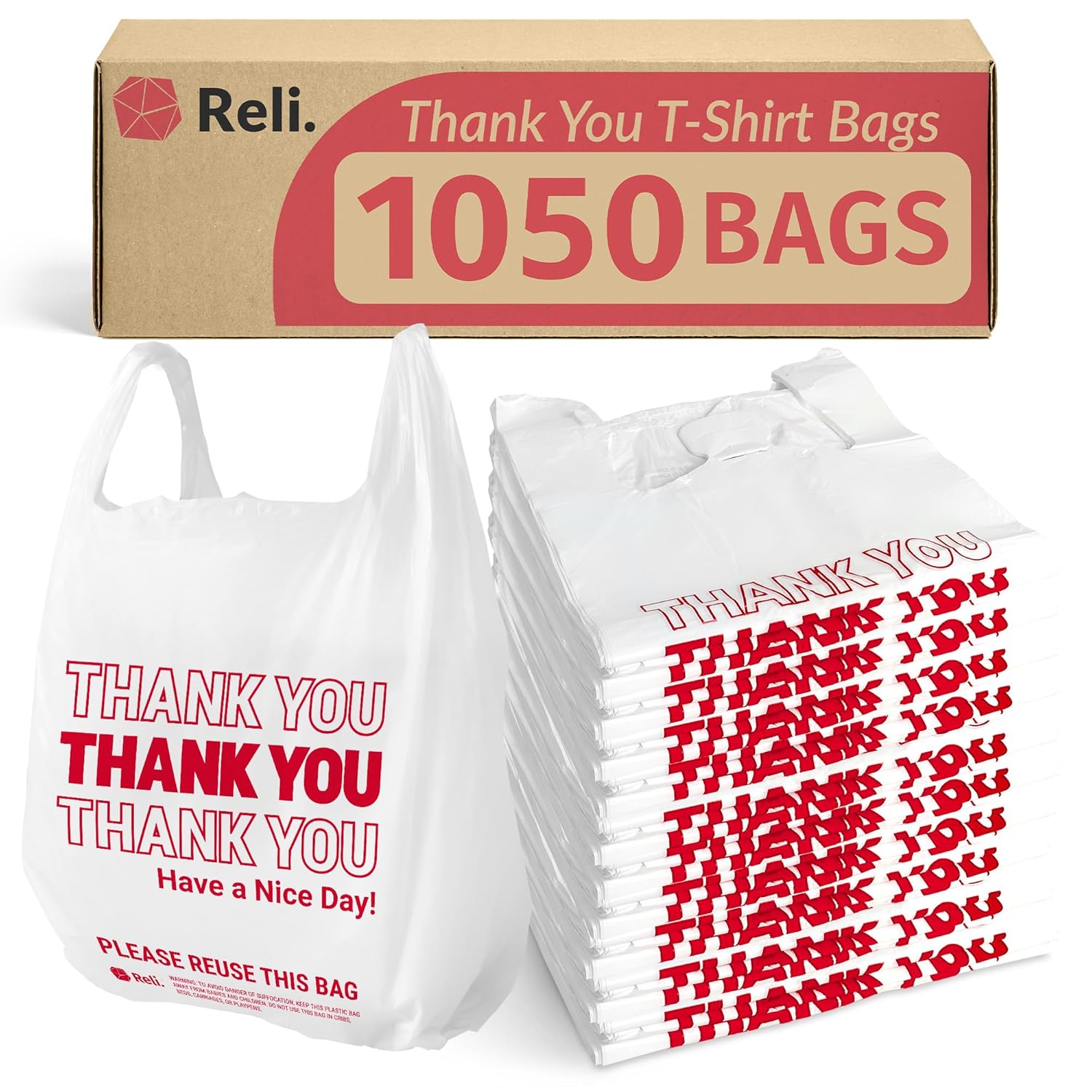 Reli. Plastic Bags Thank You (1050 Count) | White Grocery Bags, Plastic Shopping Bags with Handles-0