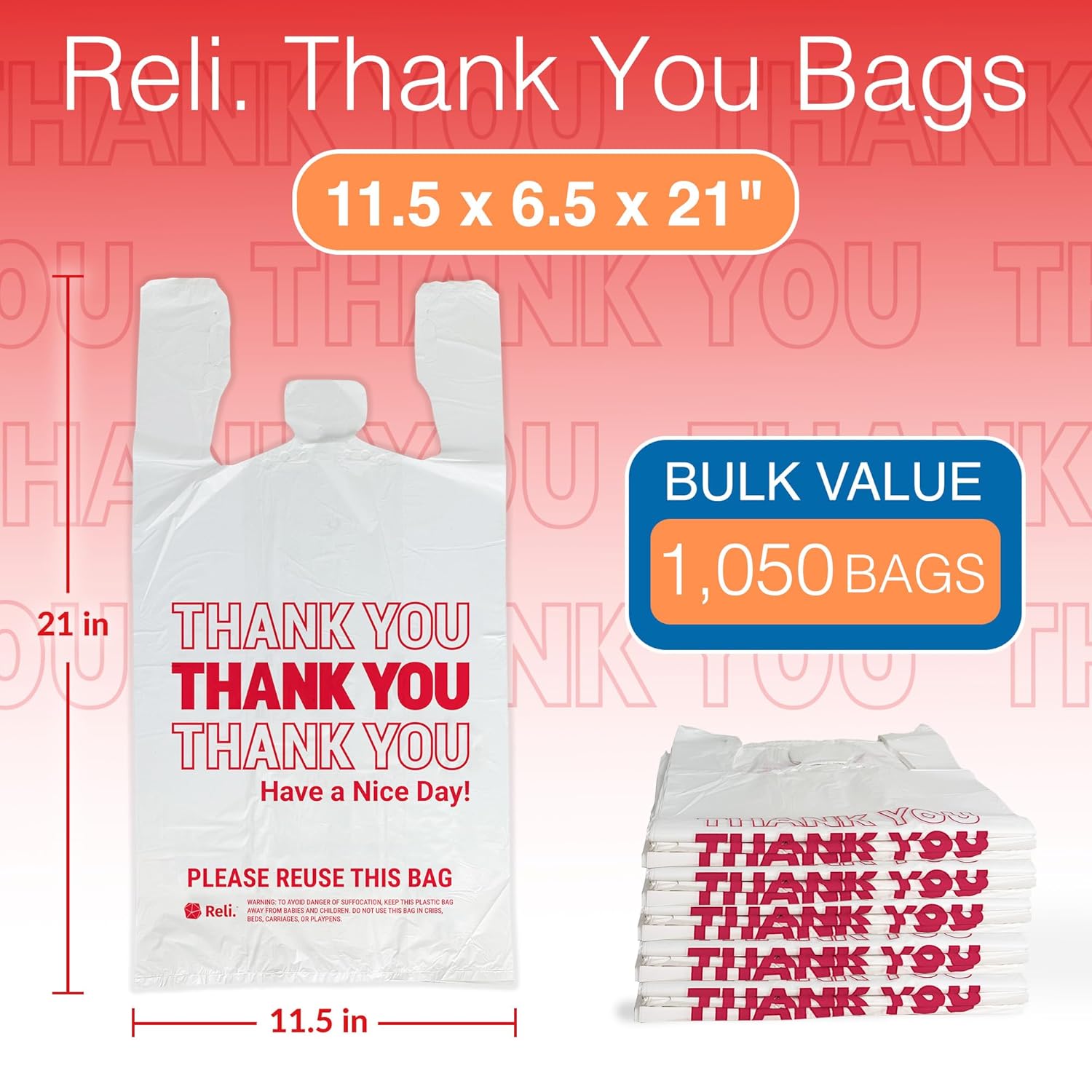 Reli. Plastic Bags Thank You (1050 Count) | White Grocery Bags, Plastic Shopping Bags with Handles-1