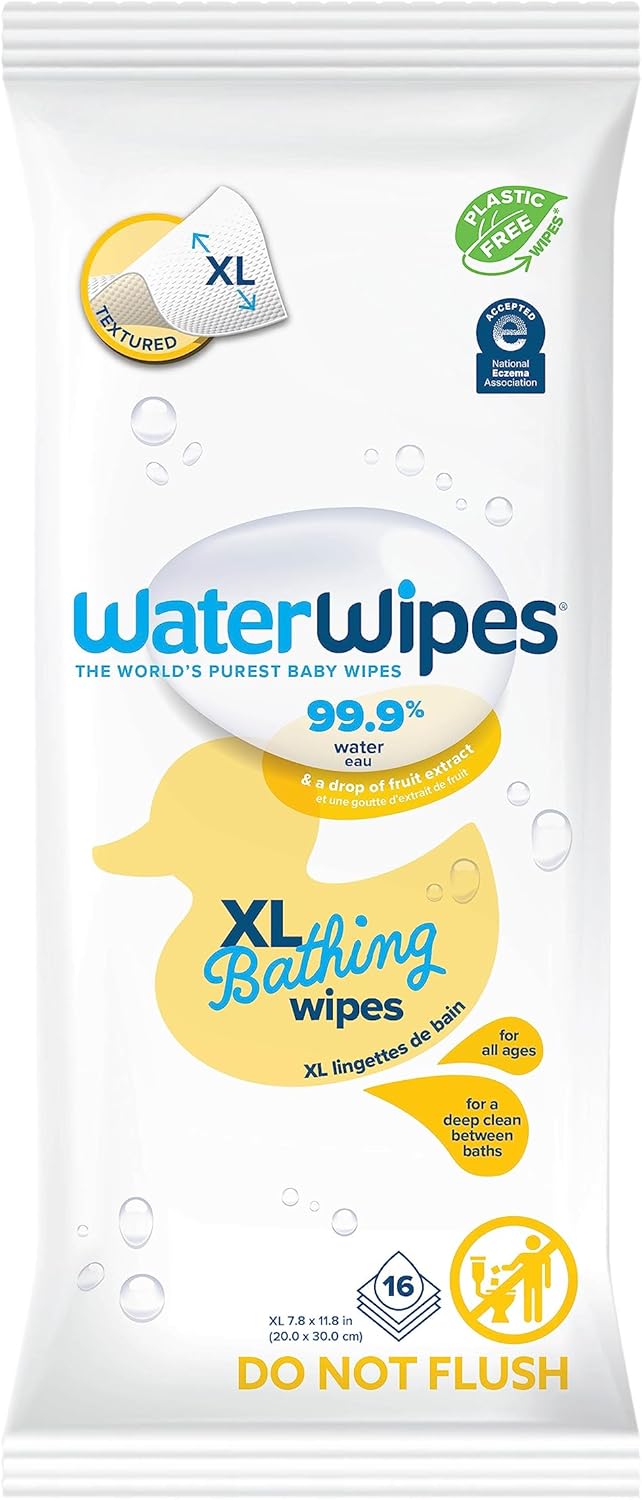 WaterWipes Plastic-Free XL Bathing Wipes for Toddlers & Babies, 99.9% Water Based Wipes, Unscented & Hypoallergenic for Sensitive Skin, 16 Count (1 pack), Packaging May Vary-0