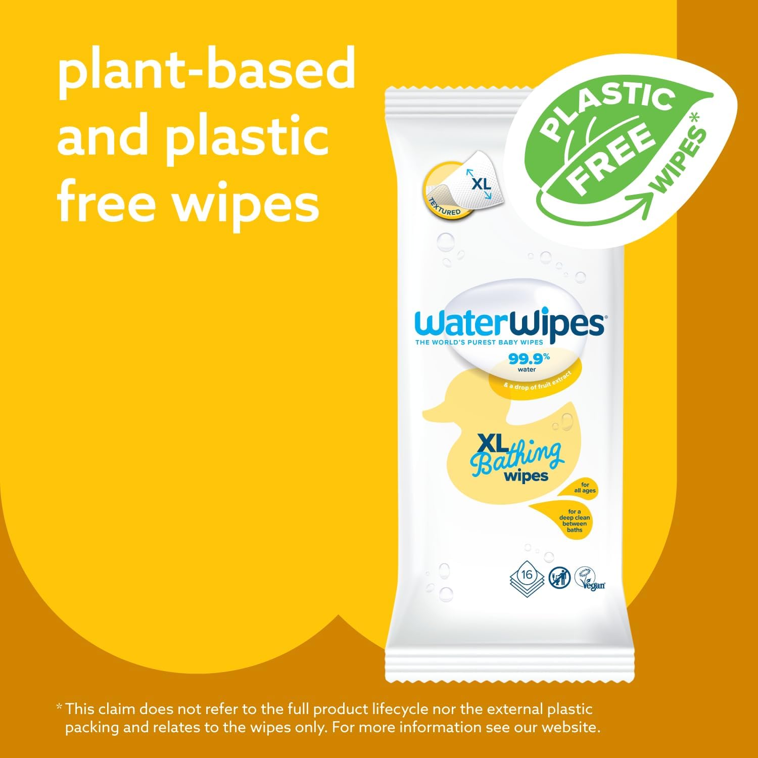 WaterWipes Plastic-Free XL Bathing Wipes for Toddlers & Babies, 99.9% Water Based Wipes, Unscented & Hypoallergenic for Sensitive Skin, 16 Count (1 pack), Packaging May Vary-3