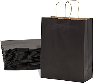 Prime Line Packaging 10x5x13 100 Pack Medium Black Gift Bags with Handles, Kraft Paper Shopping Bags for Small Business, Boutique, Retail, Favors Bulk