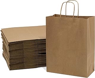 Prime Line Packaging 10x5x13 Medium 50 Pack Brown Bags with Handles, Heavy Duty Gift Bags, Bags for Small Business, Boutique, Merchandise, Party, Bulk