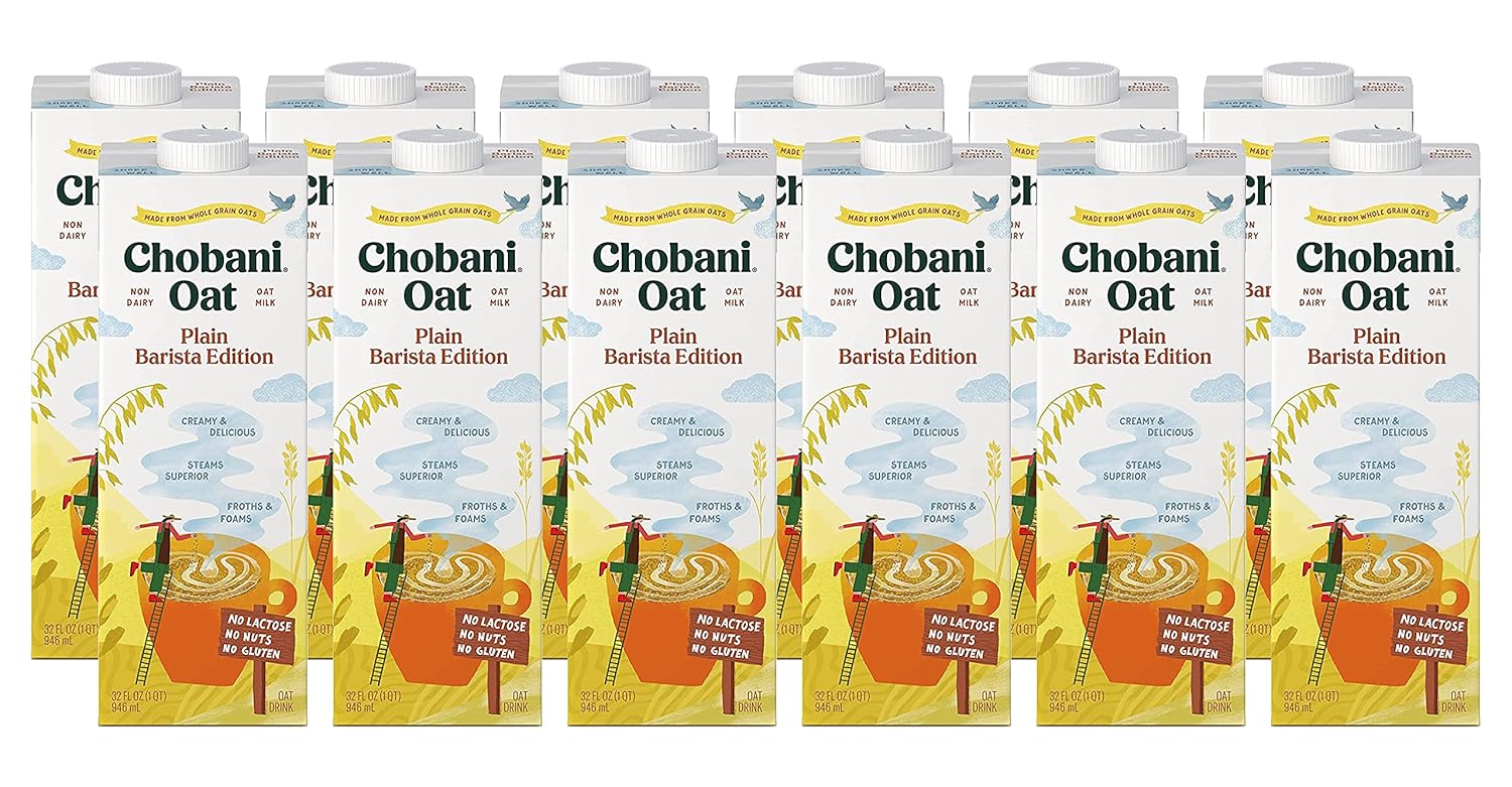 Chobani Oat Milk, Plain Oat Barista Edition, Shelf Stable Non Dairy Milk, Creamer, Vegan Friendly, Gluten-Free, 32 FL OZ (Pack-12)-0