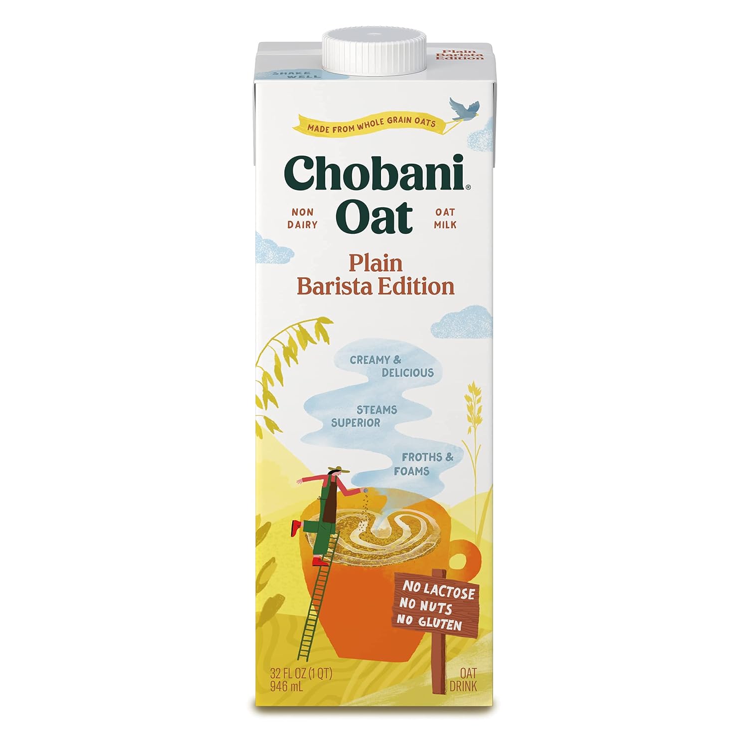 Chobani Oat Milk, Plain Oat Barista Edition, Shelf Stable Non Dairy Milk, Creamer, Vegan Friendly, Gluten-Free, 32 FL OZ (Pack-12)-1