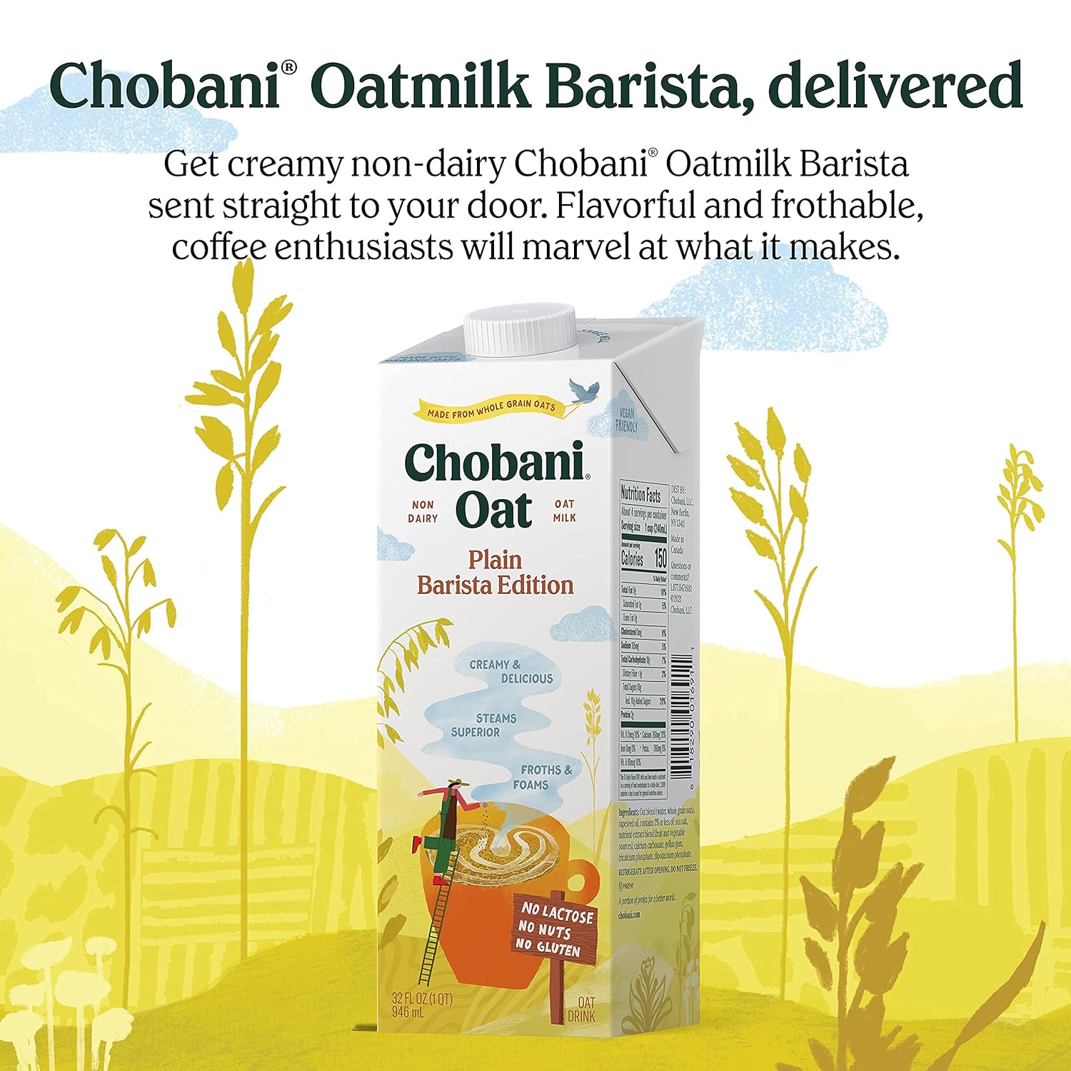 Chobani Oat Milk, Plain Oat Barista Edition, Shelf Stable Non Dairy Milk, Creamer, Vegan Friendly, Gluten-Free, 32 FL OZ (Pack-12)-2