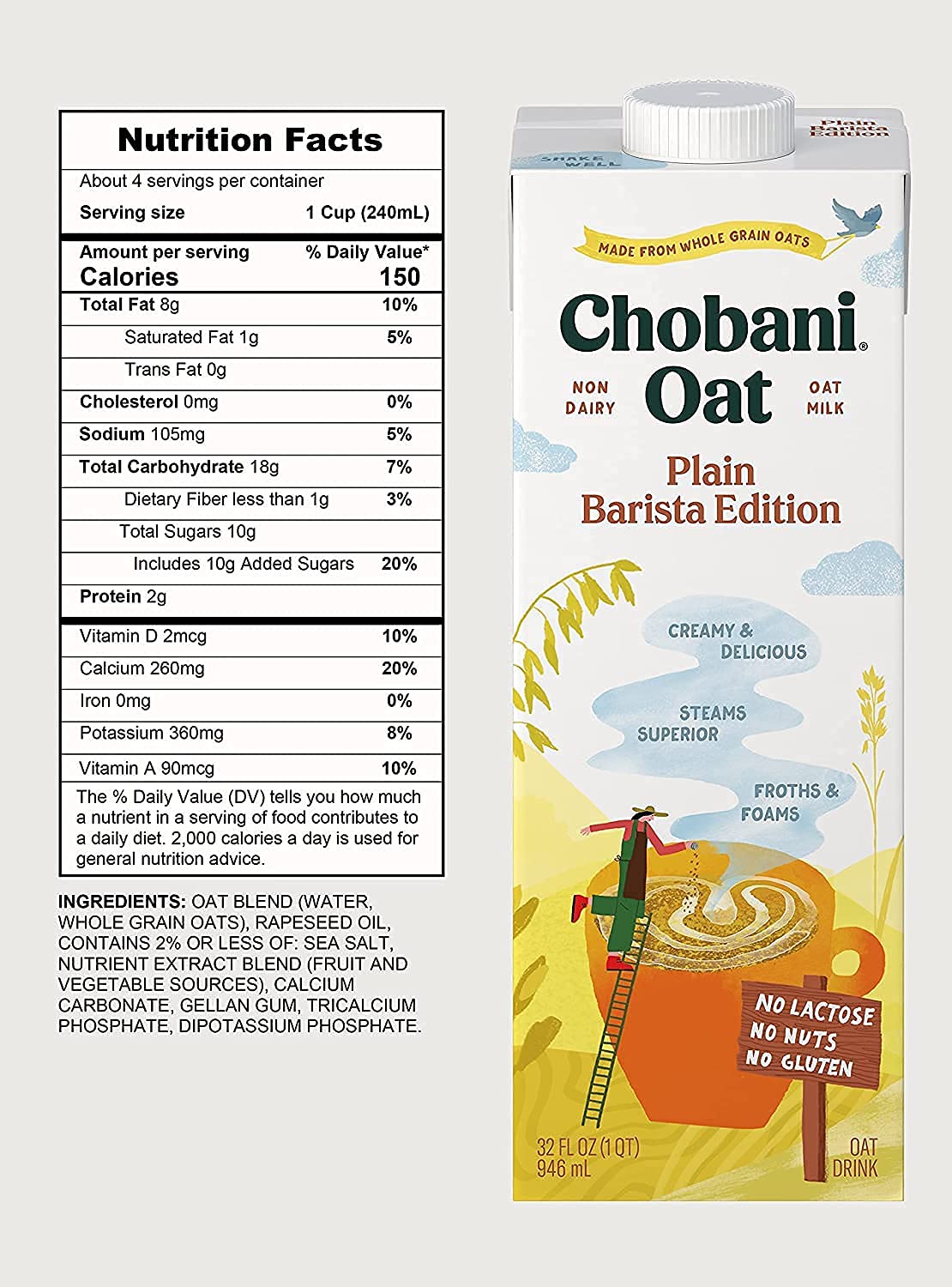 Chobani Oat Milk, Plain Oat Barista Edition, Shelf Stable Non Dairy Milk, Creamer, Vegan Friendly, Gluten-Free, 32 FL OZ (Pack-12)-3