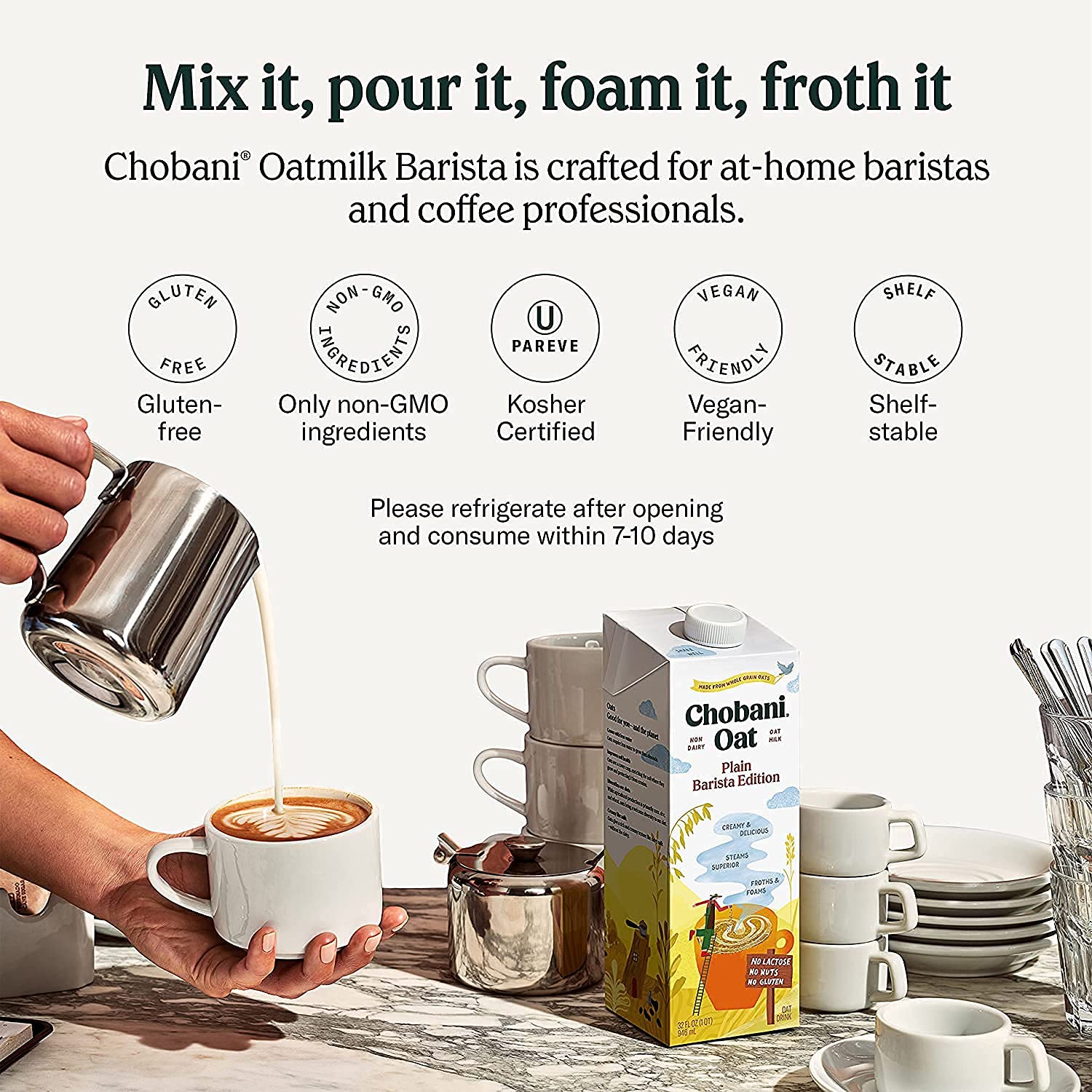 Chobani Oat Milk, Plain Oat Barista Edition, Shelf Stable Non Dairy Milk, Creamer, Vegan Friendly, Gluten-Free, 32 FL OZ (Pack-12)-4