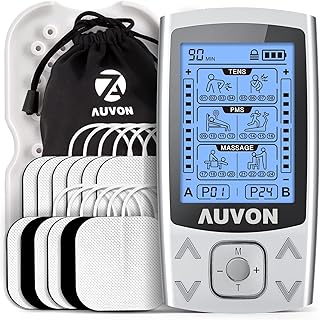 AUVON Dual Channel TENS EMS Unit 24 Modes Muscle Stimulator for Pain Relief, Rechargeable TENS Machine Massager with 12 Pads, ABS Pads Holder, USB Cable and Dust-Proof Storage Bag