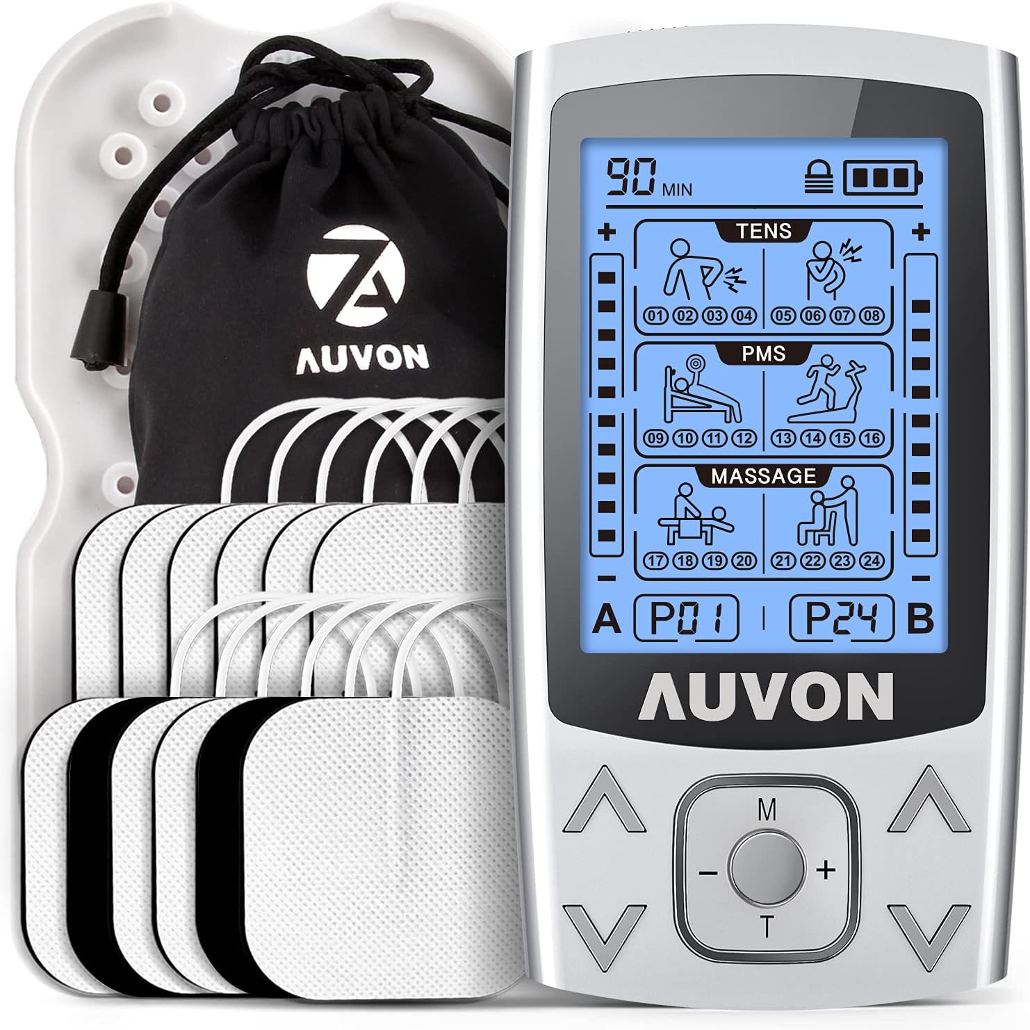 AUVON Dual Channel TENS EMS Unit 24 Modes Muscle Stimulator for Pain Relief, Rechargeable TENS Machine Massager with 12 Pads, ABS Pads Holder, USB Cable and Dust-Proof Storage Bag-0