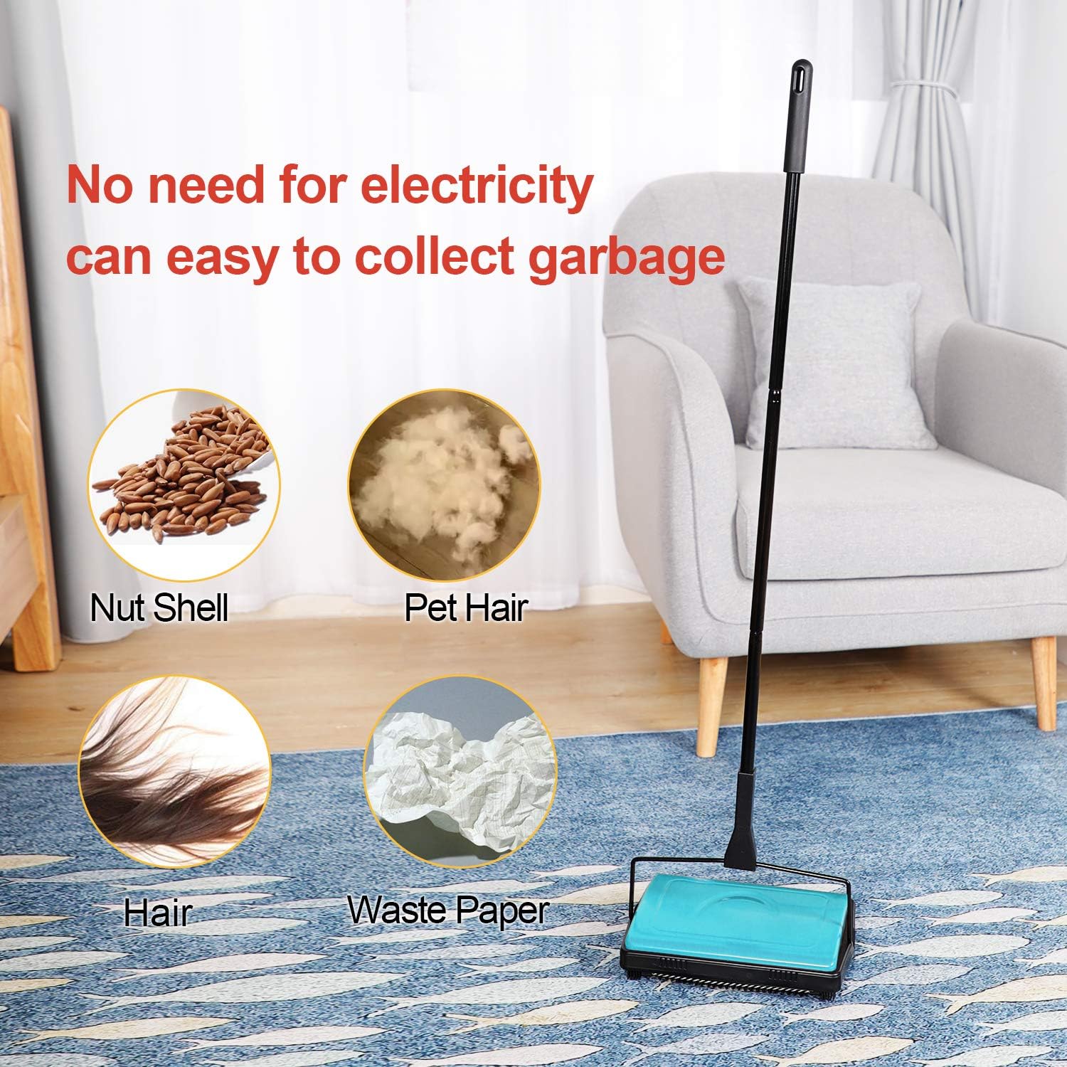 Yocada Carpet Sweeper Cleaner for Home Office Low Carpets Rugs Undercoat Carpets Pet Hair Dust Scraps Paper Small Rubbish Cleaning with a Brush Blue-6