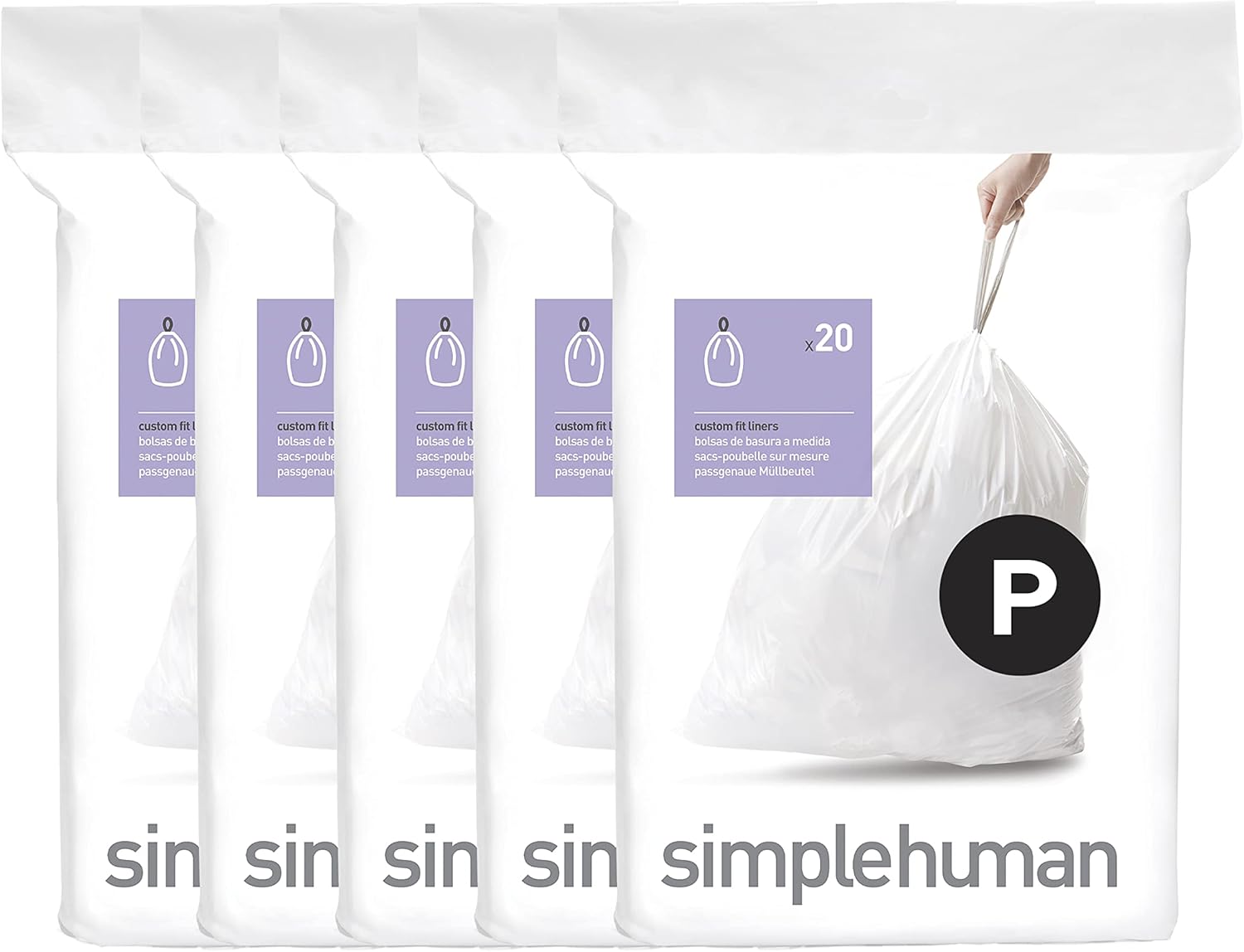 simplehuman Code P 100 Count, Genuine Custom Fit Liners, Drawstring Trash Bags in Dispenser Packs, 50-60 Liter / 13-16 Gallon, White-0