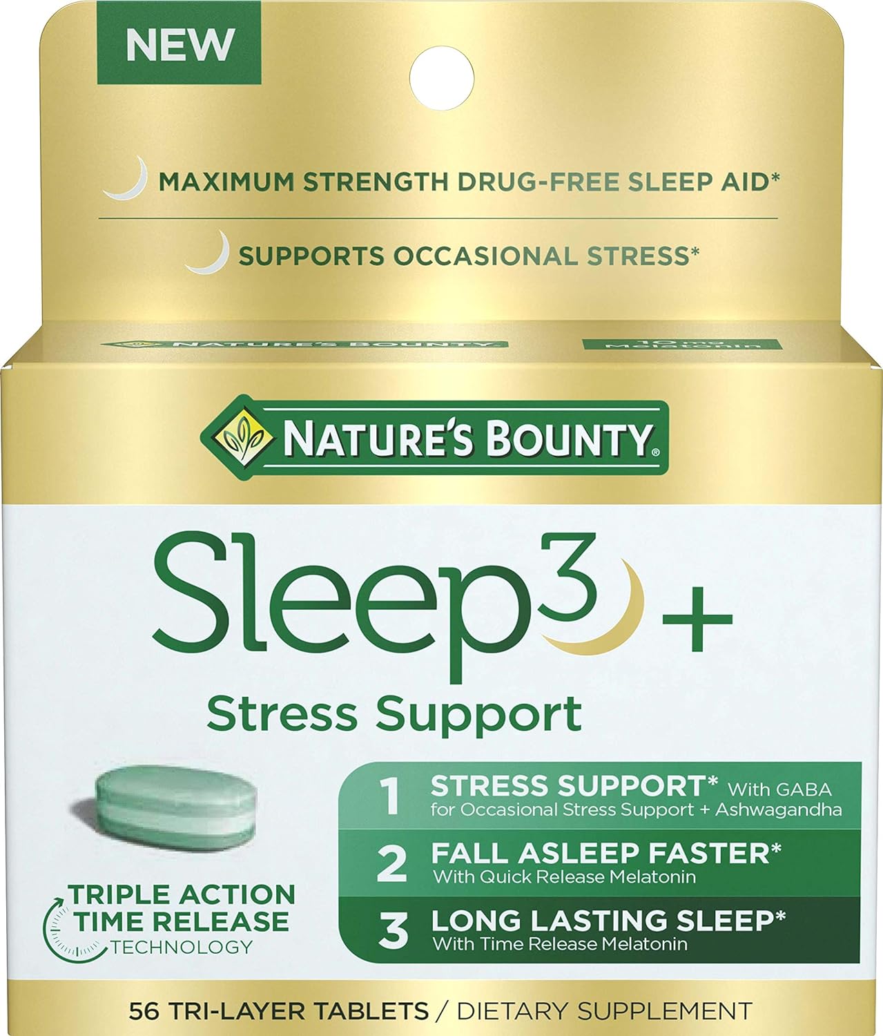 Nature's Bounty Stress Support Melatonin by Sleep3, 10mg, Tri-Layered Tablets, 56 Count-0