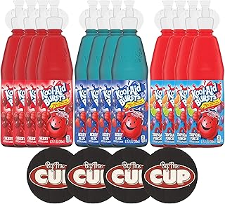 Kool-Aid Burst Soft Drink Variety Includes: Cherry, Berry Blue and Tropical Punch, 6.75 fl oz, 4 of each Flavor (Pack of 12) with By The Cup Coasters