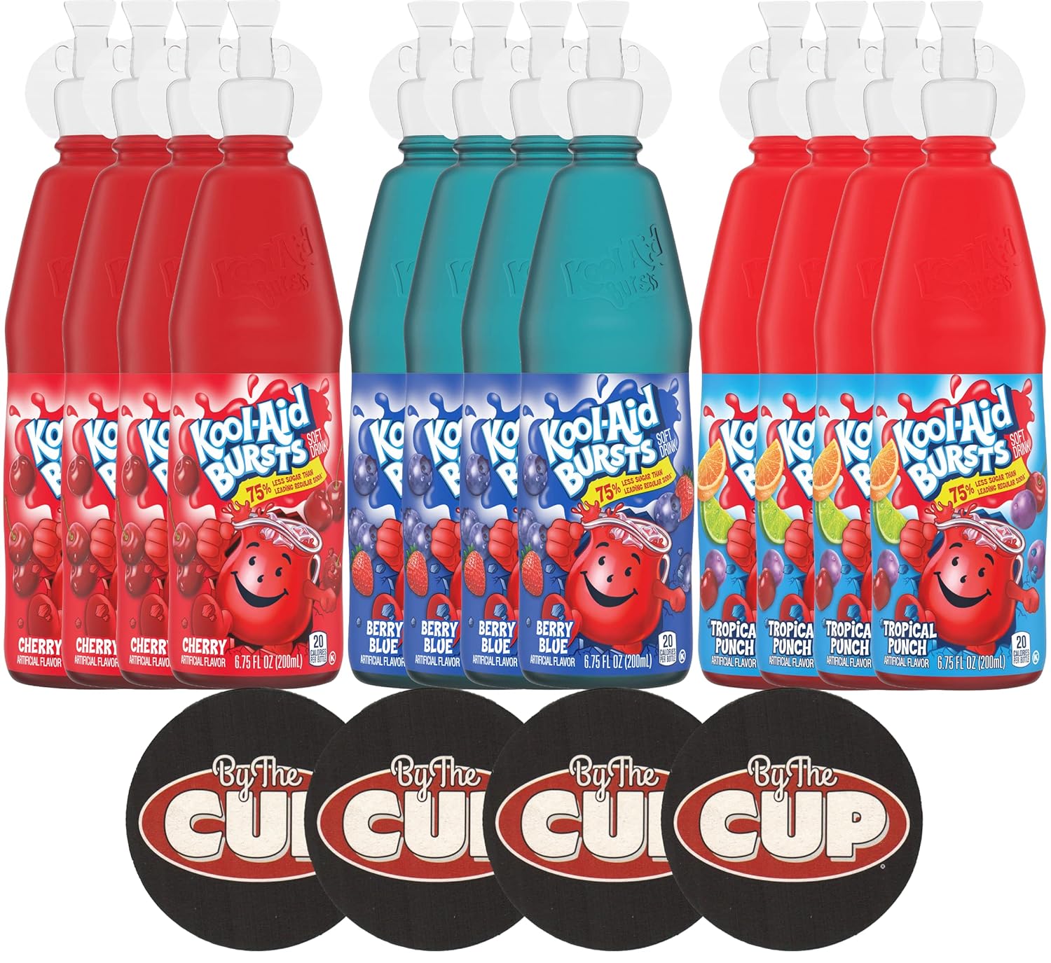 Kool-Aid Burst Soft Drink Variety Includes: Cherry, Berry Blue and Tropical Punch, 6.75 fl oz, 4 of each Flavor (Pack of 12) with By The Cup Coasters-0