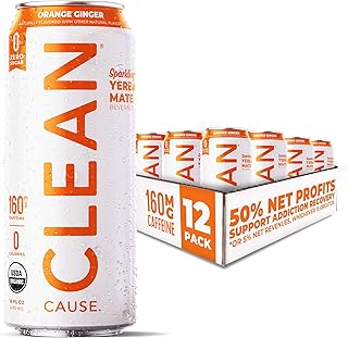 CLEAN Cause Zero Calorie Zero Sugar Orange Ginger Yerba Mate, Organic Energy Drink Alternative (16oz cans, 12-Pack Case) Zero sugar, Keto Friendly, 160mg Caffeine, Healthy Alternative to Soda & Energy Drinks.