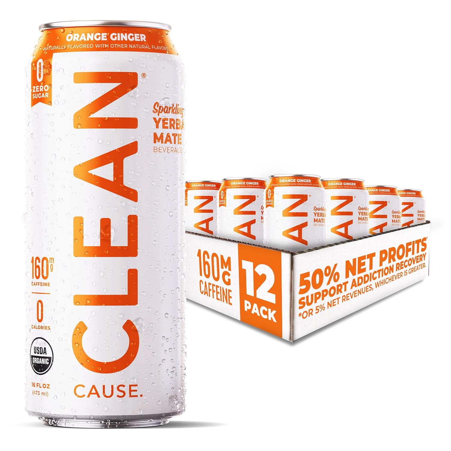 CLEAN Cause Zero Calorie Zero Sugar Orange Ginger Yerba Mate, Organic Energy Drink Alternative (16oz cans, 12-Pack Case) Zero sugar, Keto Friendly, 160mg Caffeine, Healthy Alternative to Soda & Energy Drinks.-0