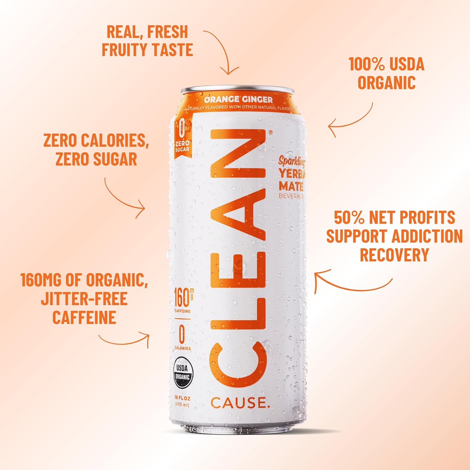 CLEAN Cause Zero Calorie Zero Sugar Orange Ginger Yerba Mate, Organic Energy Drink Alternative (16oz cans, 12-Pack Case) Zero sugar, Keto Friendly, 160mg Caffeine, Healthy Alternative to Soda & Energy Drinks.-2