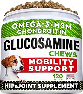 Glucosamine Treats for Dogs - Joint Supplement w/Omega-3 Fish Oil - Chondroitin, MSM - Advanced Mobility Chews - Joint Pain Relief - Hip & Joint Care - Chicken Flavor - 120 Ct - Made in USA