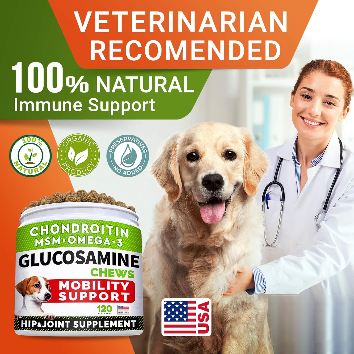 Glucosamine Treats for Dogs - Joint Supplement w/Omega-3 Fish Oil - Chondroitin, MSM - Advanced Mobility Chews - Joint Pain Relief - Hip & Joint Care - Chicken Flavor - 120 Ct - Made in USA-6