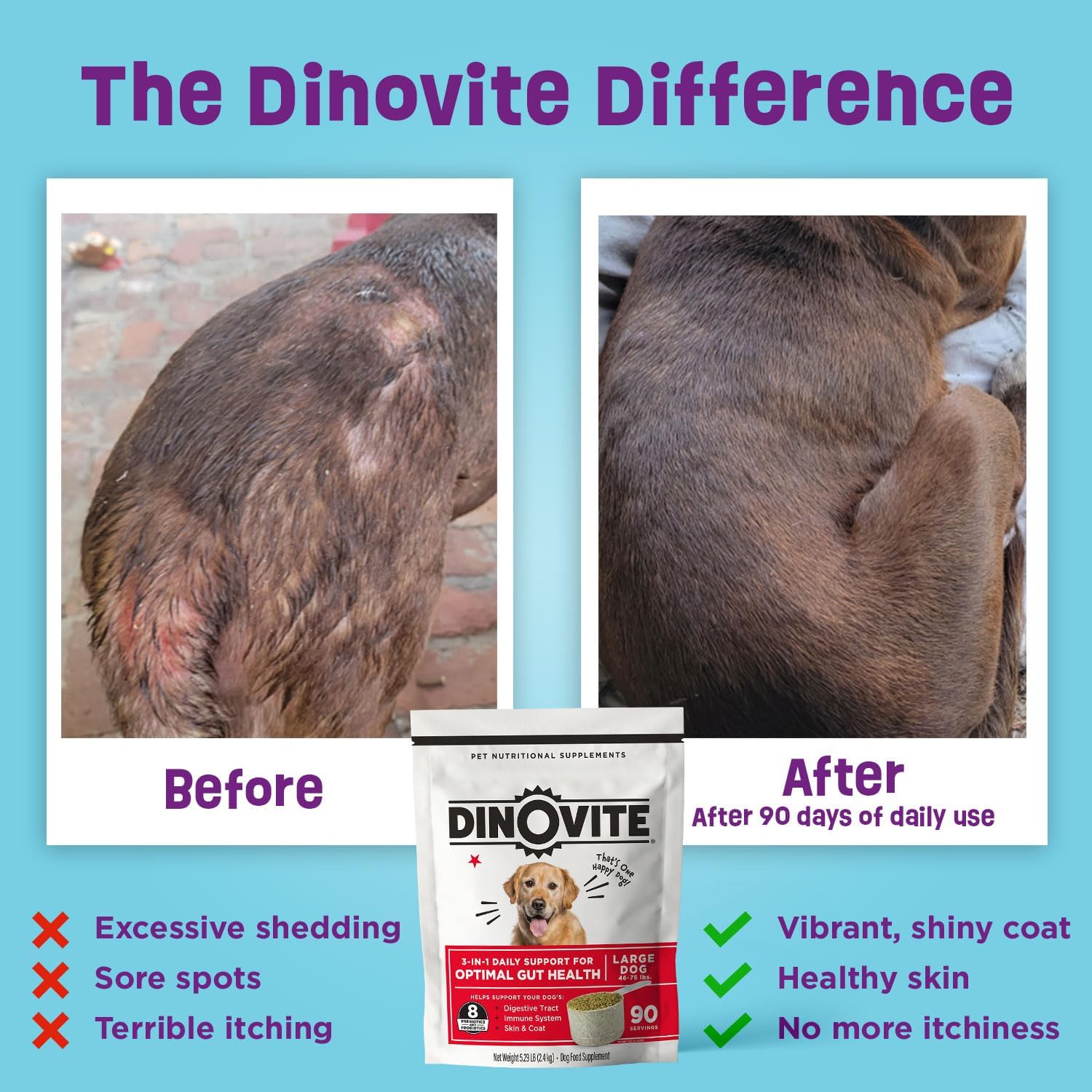 Dinovite Dog Probiotics for Yeast, Itchy Skin and Itchy Ears - Daily Skin & Coat, Digestive, and Immune Support for Small Dogs 1-18lbs – 90-Day Supply, Omega 3 Fatty Acids, Essential Pre & Probiotics-2