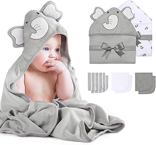 Momcozy Baby Hooded Towel, 8-Piece Bath for Boys or Girls, Washcloth Set with Cute Design, Shower Towel Gift for Newborns, Infants and Toddlers