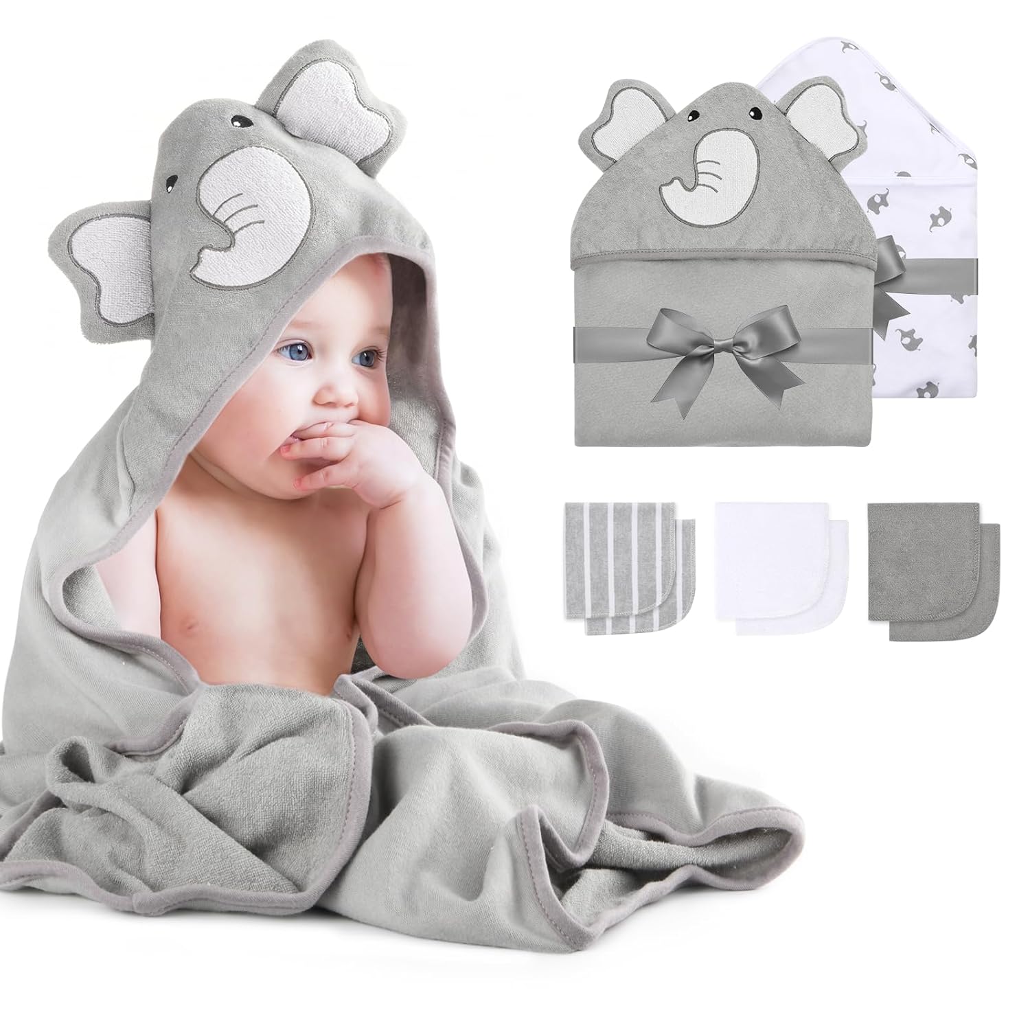 Momcozy Baby Hooded Towel, 8-Piece Bath for Boys or Girls, Washcloth Set with Cute Design, Shower Towel Gift for Newborns, Infants and Toddlers-0