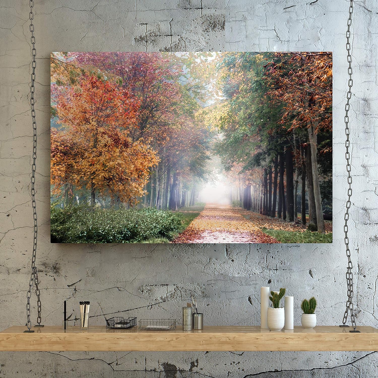 Renditions Gallery Home Wall Art Pictures Pathway through the Misty Autum Forest Canvas Hanging Prints for Living Room Office Decorations - 24"X36" LT08-1