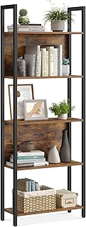 VASAGLE 5-Tier Bookshelf, Book Shelf, Industrial Bookcase, with Steel Frame, for Living Room, Home Office, Bedroom, 9.4 x 24.4 x 65 Inches, Rustic Brown and Black ULLS025B01