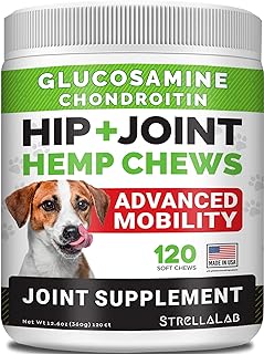 Hemp Treats - Glucosamine Dog Joint Supplement + Omega 3 - w/Hemp Oil - Chondroitin, MSM - Advanced Mobility Chews - Joint Pain Relief - Hip & Joint Care - Chicken Flavor - 120 Ct - Made in USA