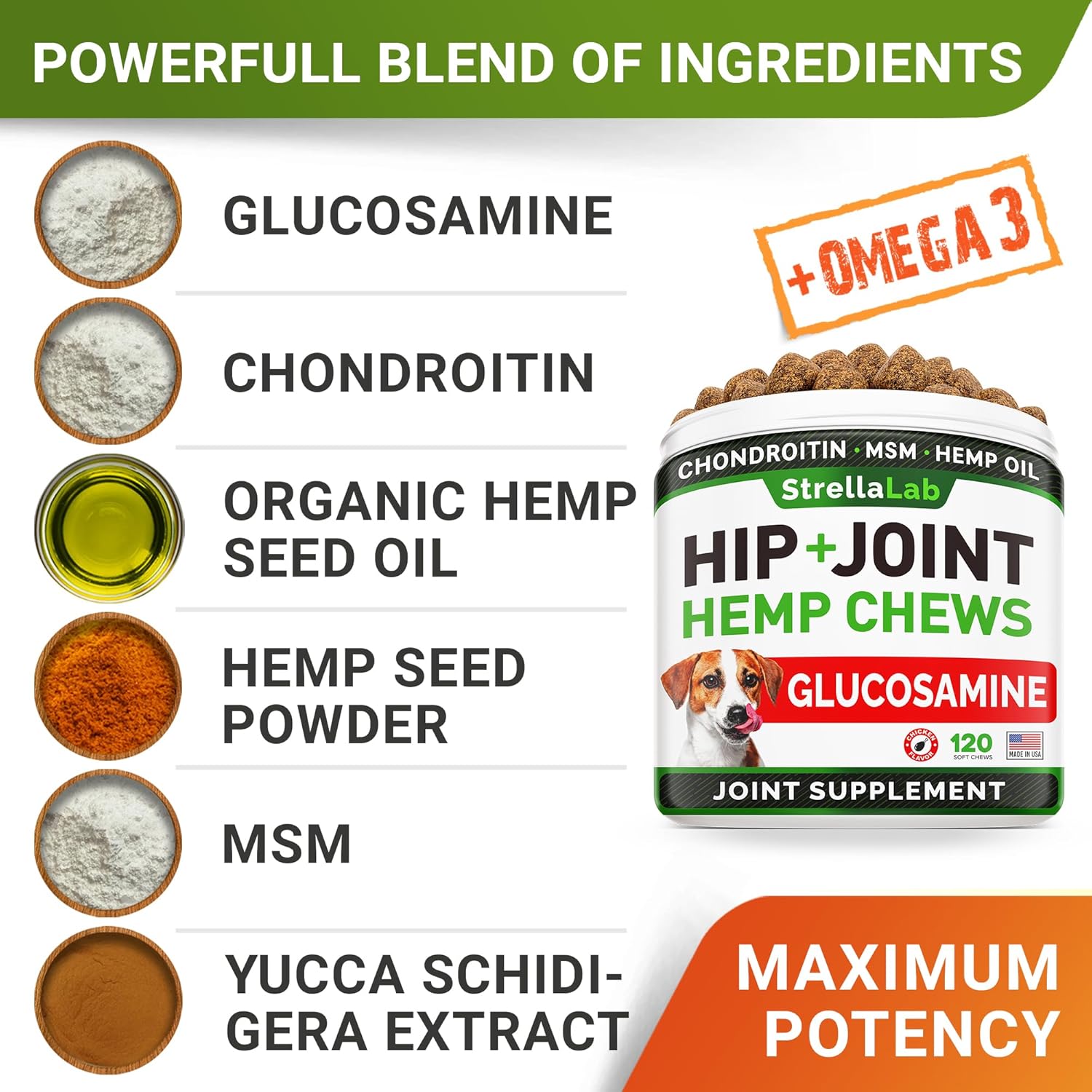 Hemp Treats - Glucosamine Dog Joint Supplement + Omega 3 - w/Hemp Oil - Chondroitin, MSM - Advanced Mobility Chews - Joint Pain Relief - Hip & Joint Care - Chicken Flavor - 120 Ct - Made in USA-1