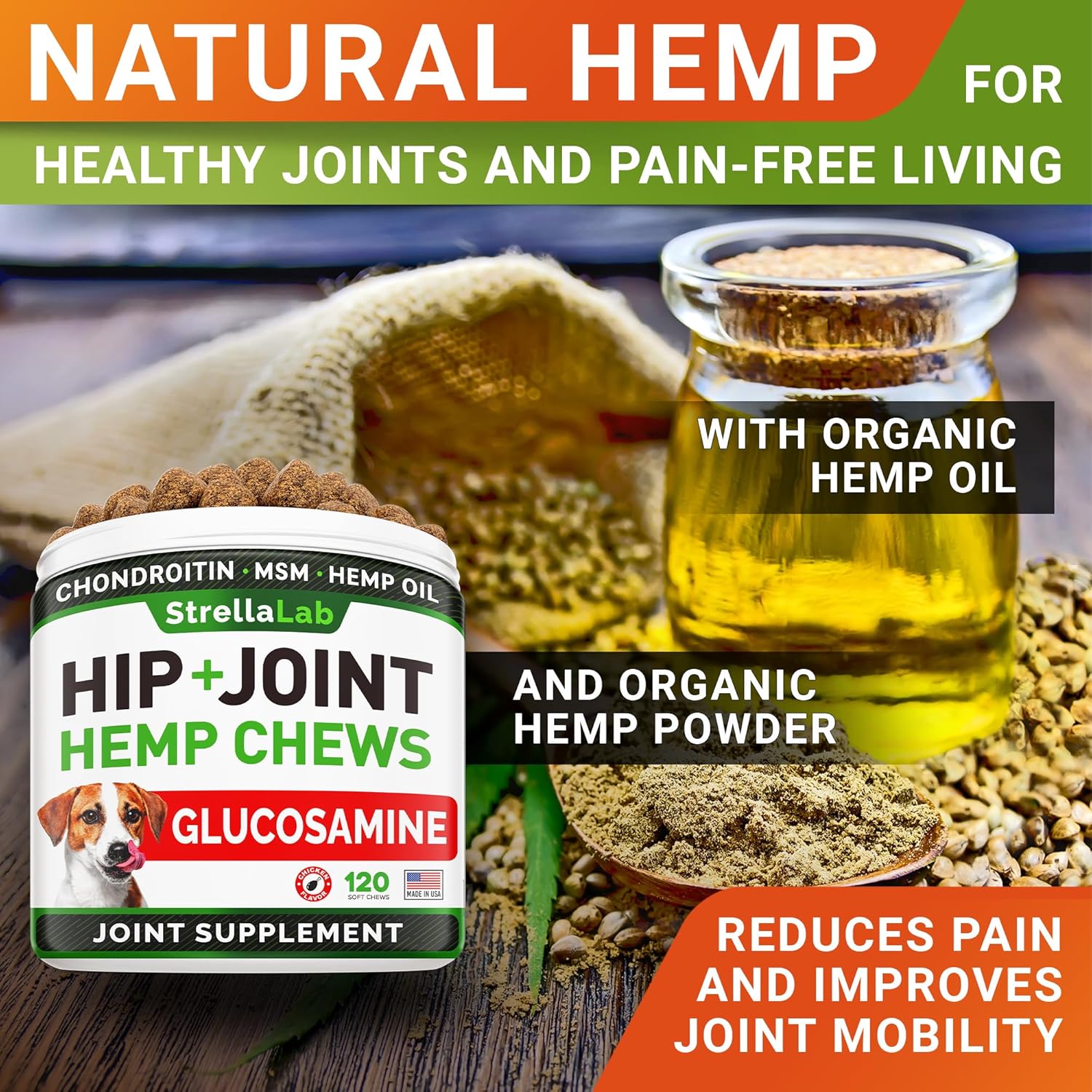 Hemp Treats - Glucosamine Dog Joint Supplement + Omega 3 - w/Hemp Oil - Chondroitin, MSM - Advanced Mobility Chews - Joint Pain Relief - Hip & Joint Care - Chicken Flavor - 120 Ct - Made in USA-4