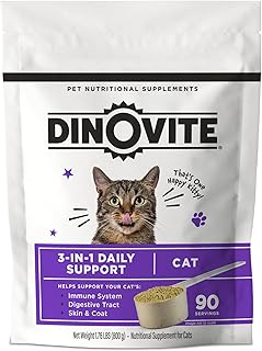 Dinovite for Cats Supplement - Immune + Digestive, Skin + Coat Support, Vitamins, Minerals, Omega 3, Enzymes, Probiotics. Reduces Shedding, Dry Skin, Itching, Stinking, Bald Spots, Seasonal Issues