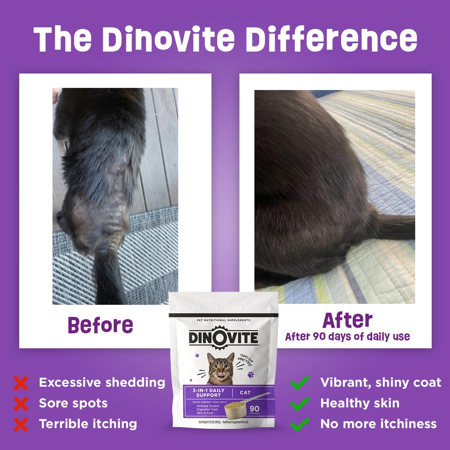 Dinovite for Cats Supplement - Immune + Digestive, Skin + Coat Support, Vitamins, Minerals, Omega 3, Enzymes, Probiotics. Reduces Shedding, Dry Skin, Itching, Stinking, Bald Spots, Seasonal Issues-3