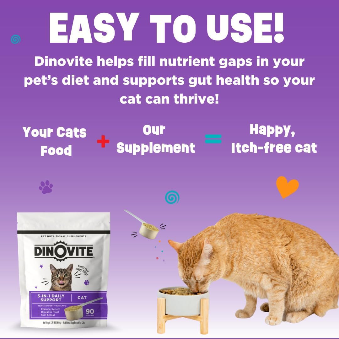 Dinovite for Cats Supplement - Immune + Digestive, Skin + Coat Support, Vitamins, Minerals, Omega 3, Enzymes, Probiotics. Reduces Shedding, Dry Skin, Itching, Stinking, Bald Spots, Seasonal Issues-7