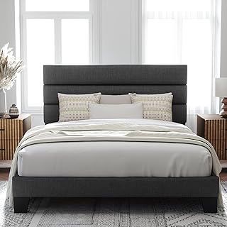 Allewie Full Size Platform Bed Frame with Fabric Upholstered Headboard and Wooden Slats Support, Fully Upholstered Mattress Foundation/No Box Spring Needed/Easy Assembly, Dark Grey