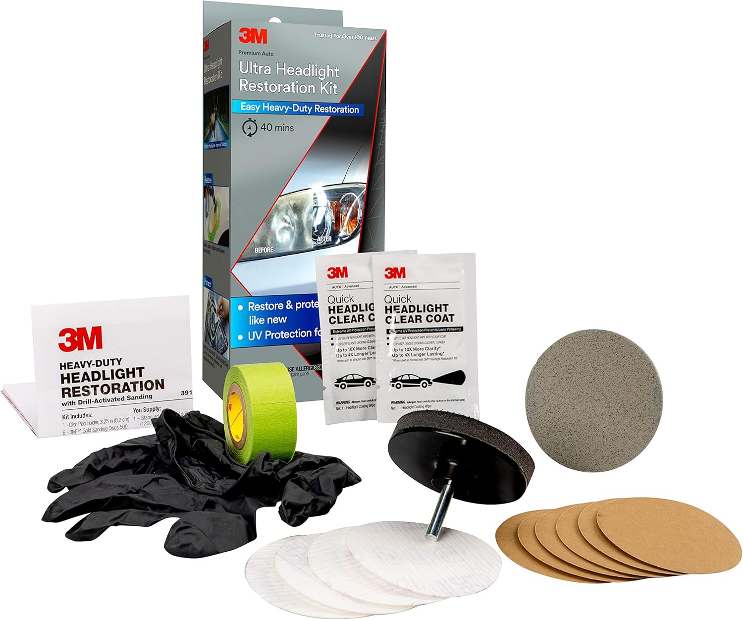 3M Ultra Headlight Restoration Kit, Contains Masking Tape, Light Sanding Discs, Wax Protectant and More, Use on Plastic Lenses Headlights, Taillights and More, Easy Heavy-Duty Restoration (39195)-0