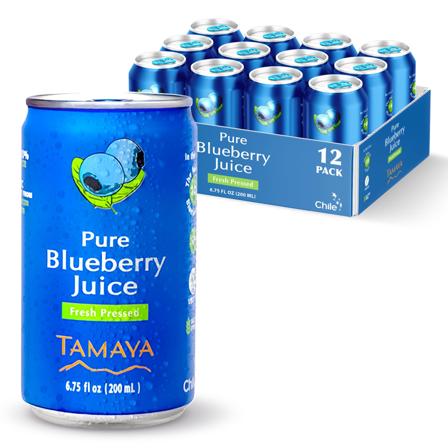 Tamaya Blueberry Juice – Pure Blueberries Fresh Pressed With No Sugar Added – Delicious Refreshing Juice – No Gluten, Vegan Friendly – No Water Mix, Not From Concentrate 6.75 Fl Oz Mini Cans, Pack of 12, Chile-1