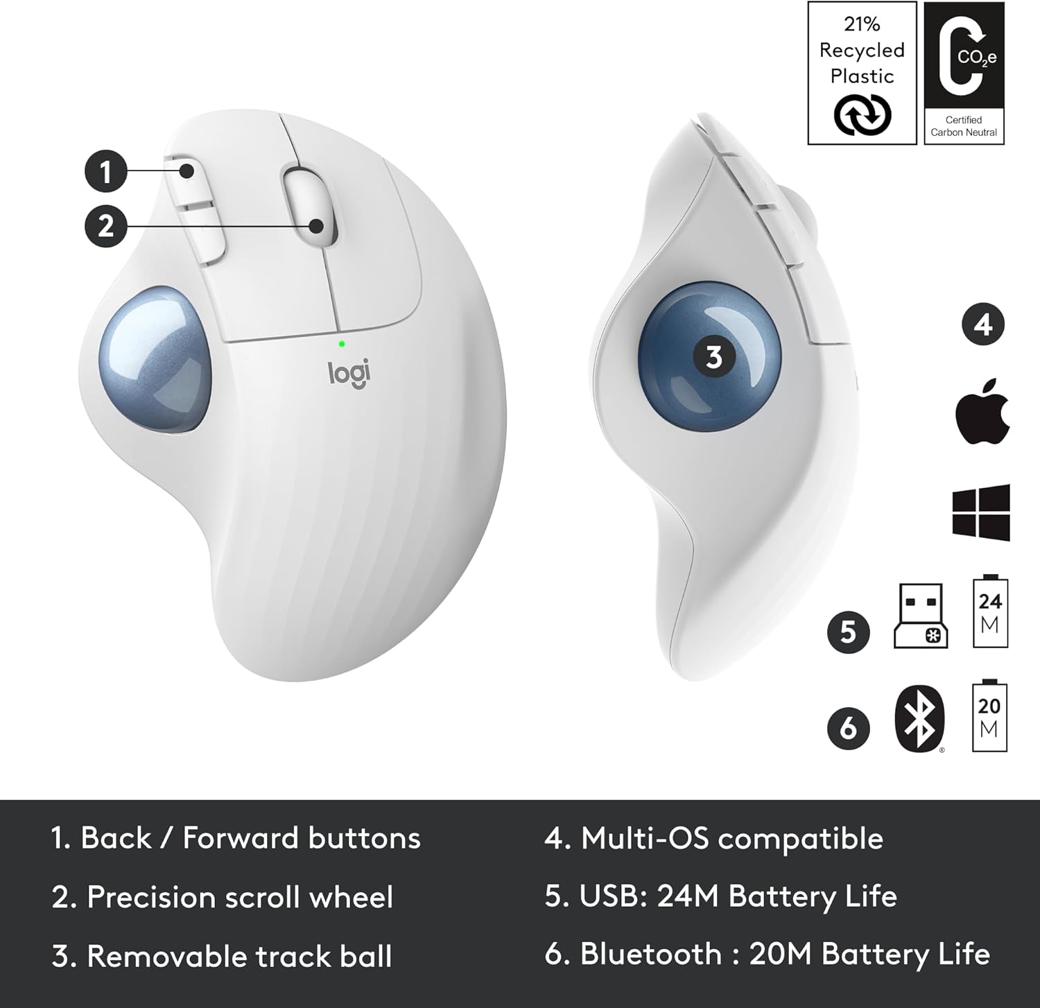 Logitech ERGO M575 Wireless Trackball Mouse - Easy thumb control, precision and smooth tracking, ergonomic comfort design, for Windows, PC and Mac with Bluetooth and USB capabilities - Off White-5