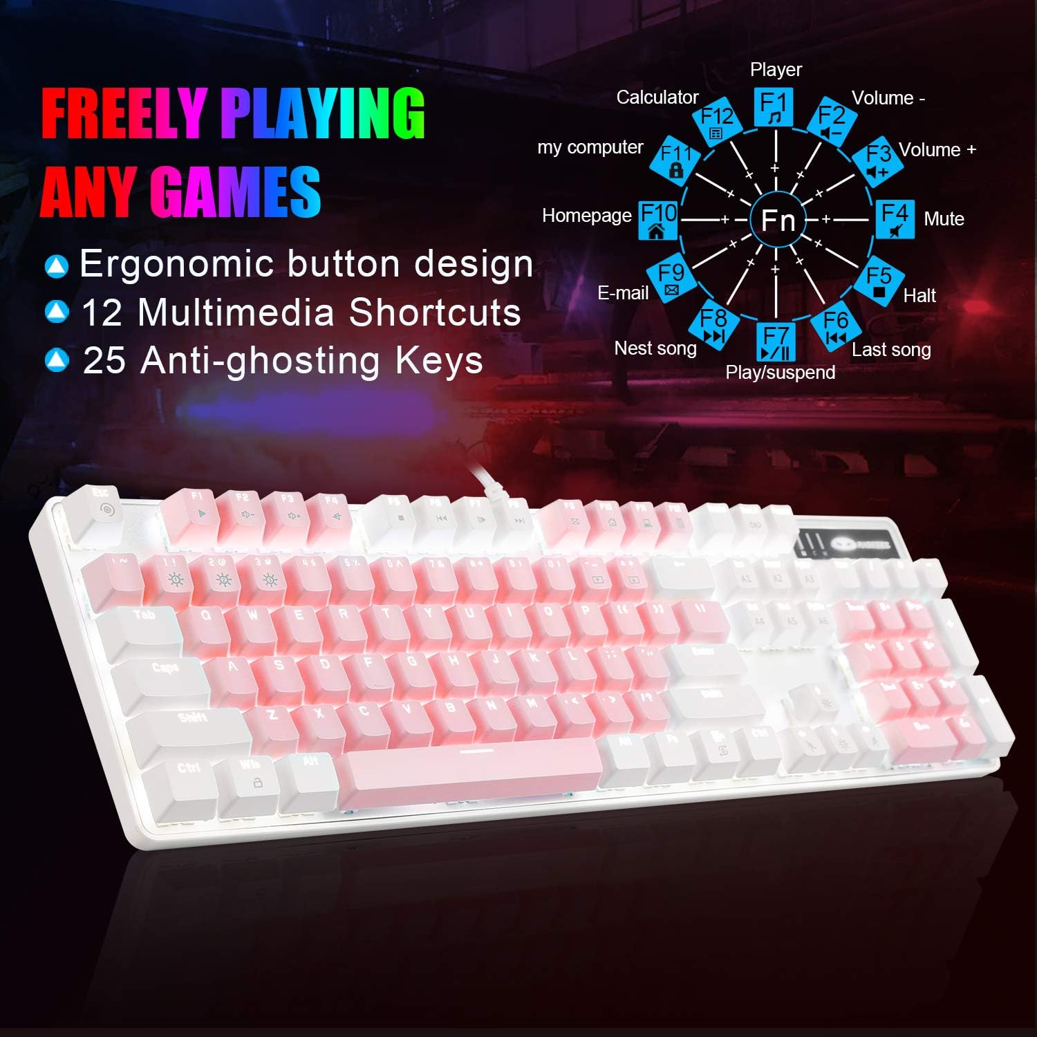 MageGee Mechanical Gaming Keyboard, New Upgraded Blue Switch 104 Keys White Backlit Keyboards, USB Wired Mechanical Computer Keyboard for Laptop, Desktop, PC Gamers(White & Pink)-3