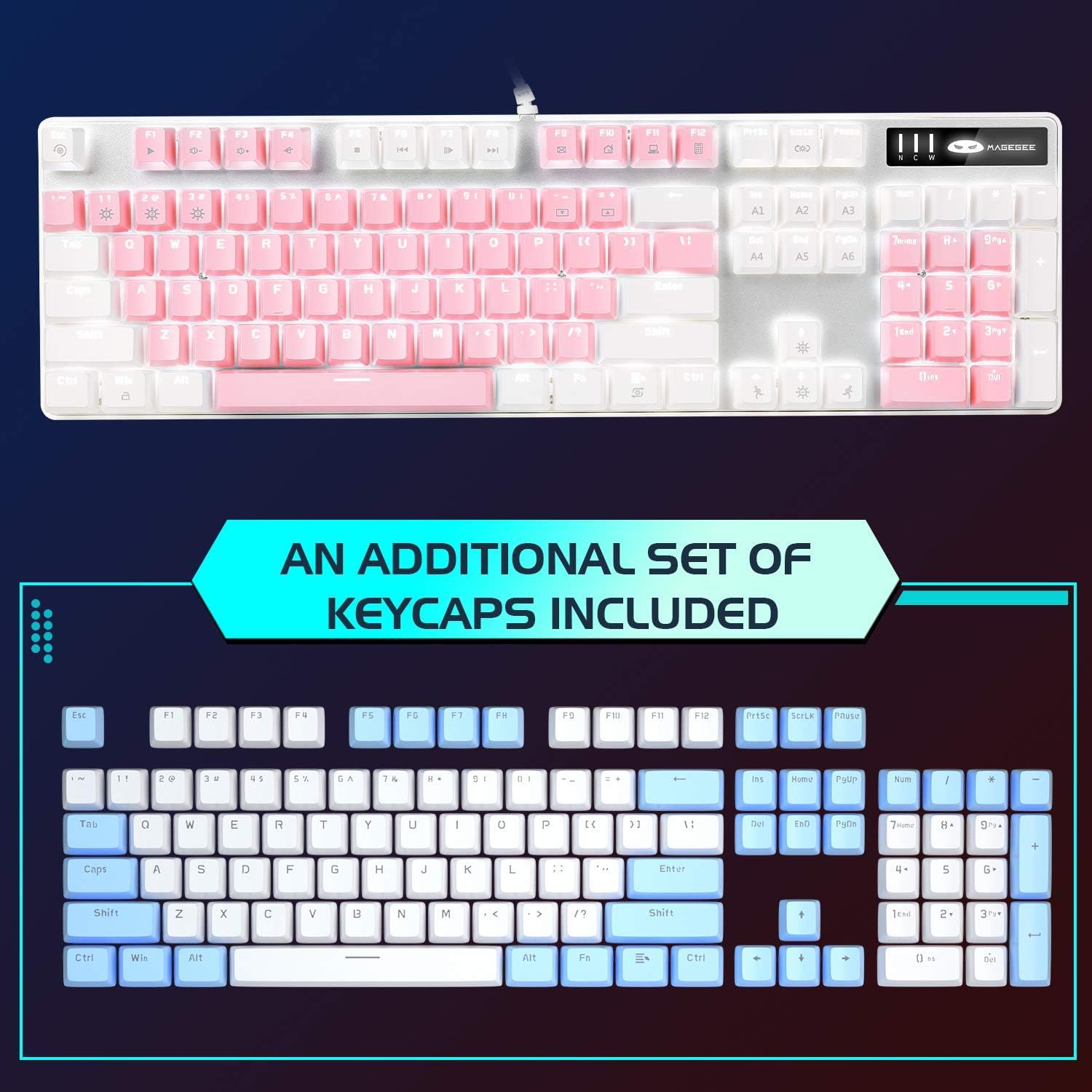 MageGee Mechanical Gaming Keyboard, New Upgraded Blue Switch 104 Keys White Backlit Keyboards, USB Wired Mechanical Computer Keyboard for Laptop, Desktop, PC Gamers(White & Pink)-4