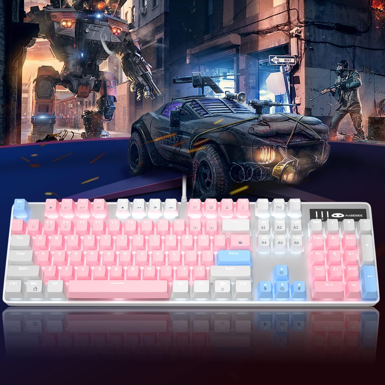 MageGee Mechanical Gaming Keyboard, New Upgraded Blue Switch 104 Keys White Backlit Keyboards, USB Wired Mechanical Computer Keyboard for Laptop, Desktop, PC Gamers(White & Pink)-5