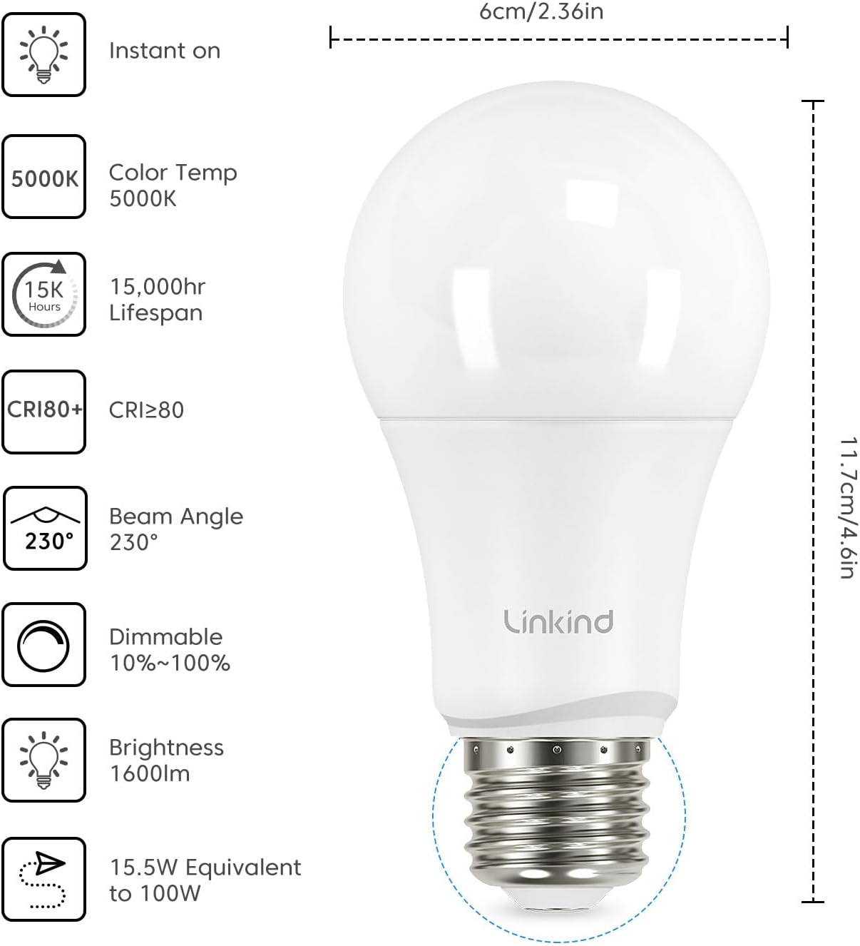 Linkind A19 LED Light Bulbs Dimmable, 100W Equivalent, E26 Base, 5000K Daylight, 15.5W 1600 Lumens CRI80+, 120V, UL Listed FCC Certified, LED Lights for Bedroom Living Room Home Office, 6 Packs-1