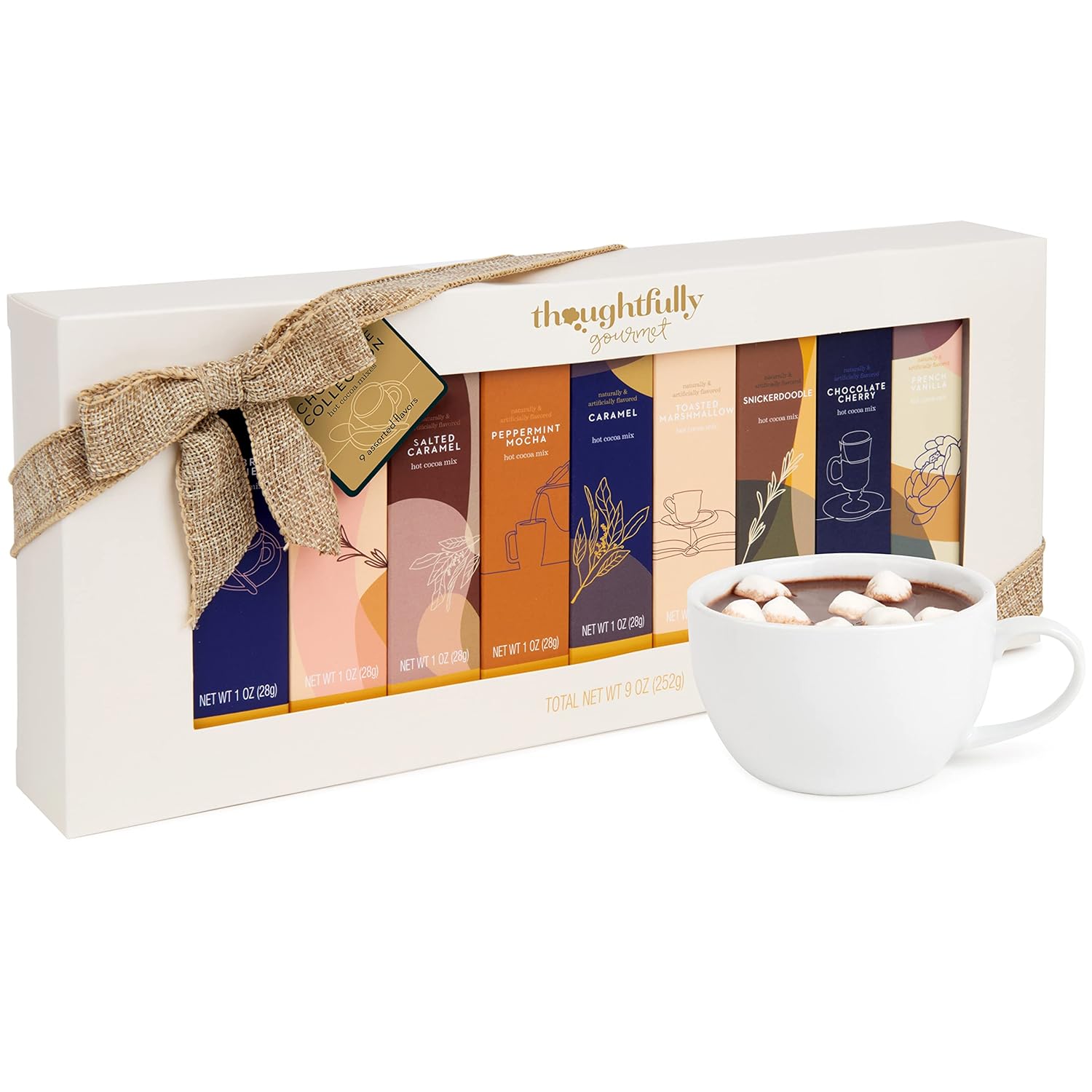 Gourmet Hot Chocolate Gift Set, Flavors Include Salted Caramel, Peppermint, French Vanilla and More, Packaged in Gift Box with Bow, Set of 9-0