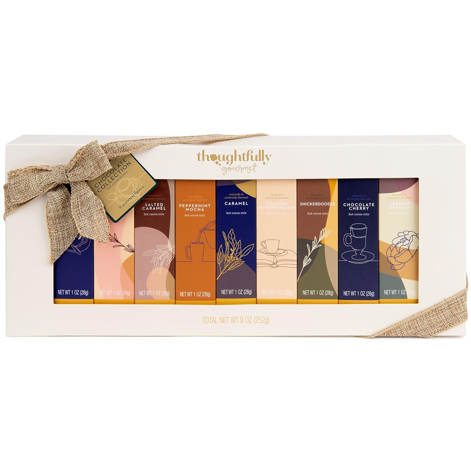 Gourmet Hot Chocolate Gift Set, Flavors Include Salted Caramel, Peppermint, French Vanilla and More, Packaged in Gift Box with Bow, Set of 9-1