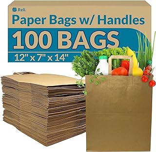 Reli. Paper Grocery Bags w/Handles (100 Pcs, Bulk)(12"x7"x14") Large Paper Grocery Bags, Shopping Bags w/Handles - Heavy Duty 57 Lbs Basis - Takeout/To Go Bags, Retail Bags, Brown Kraft Paper Bags