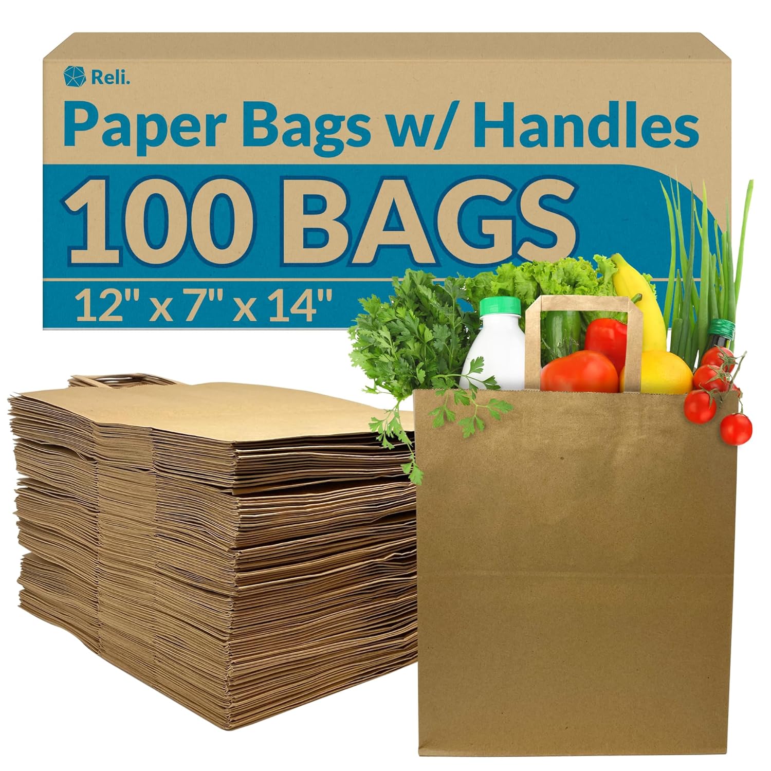 Reli. Paper Grocery Bags w/Handles (100 Pcs, Bulk)(12"x7"x14") Large Paper Grocery Bags, Shopping Bags w/Handles - Heavy Duty 57 Lbs Basis - Takeout/To Go Bags, Retail Bags, Brown Kraft Paper Bags-0