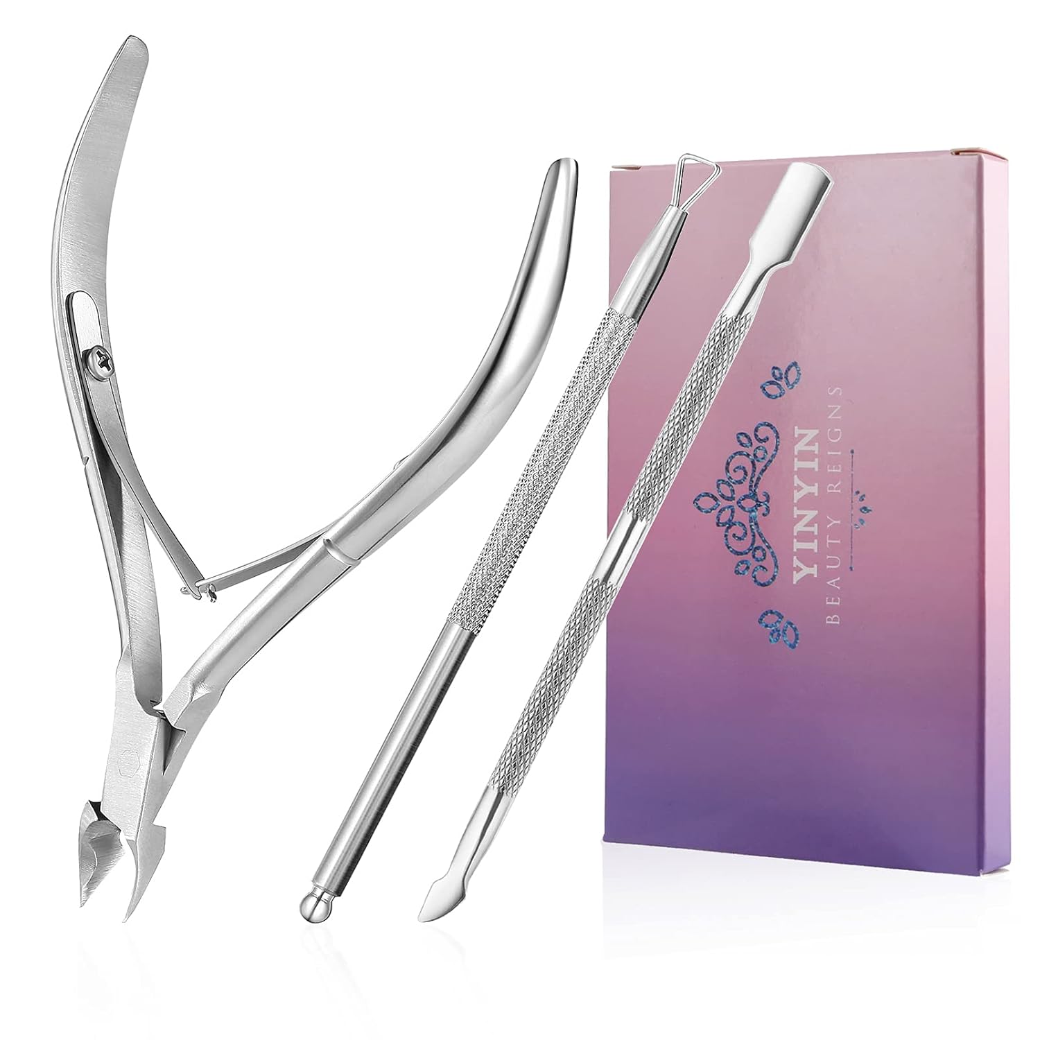 Cuticle Trimmer with Cuticle Pusher and Cutter-YINYIN Cuticle Remover Nippers Professional Stainless Steel Cutter Clippers,Pedicure Manicure Tools for Fingernails Toenails(Silver)-0