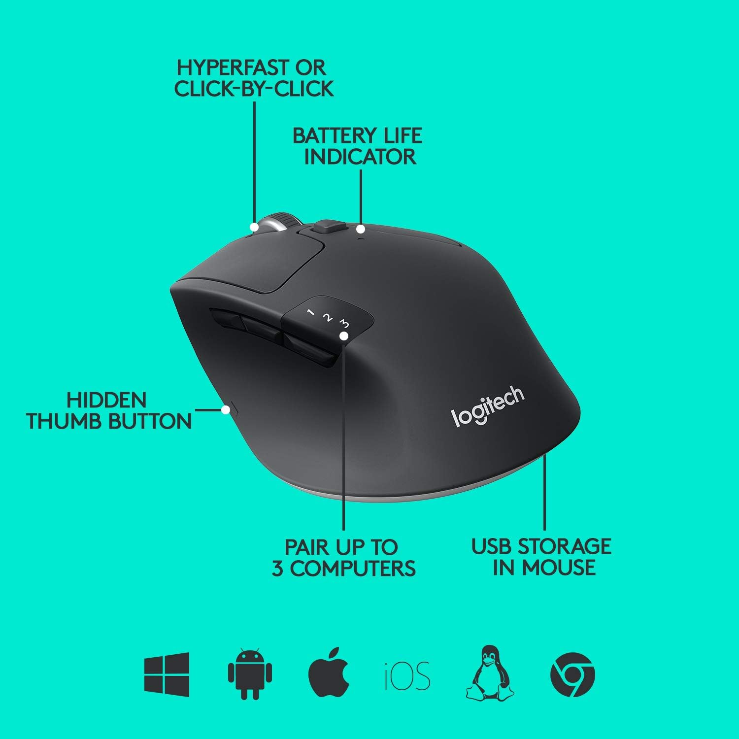 Logitech M720 Triathlon Multi-Device Wireless Mouse, Bluetooth, USB Unifying Receiver, 1000 DPI, 8 Buttons, 2-Year Battery, Compatible with Laptop, PC, Mac, iPadOS - Black-5