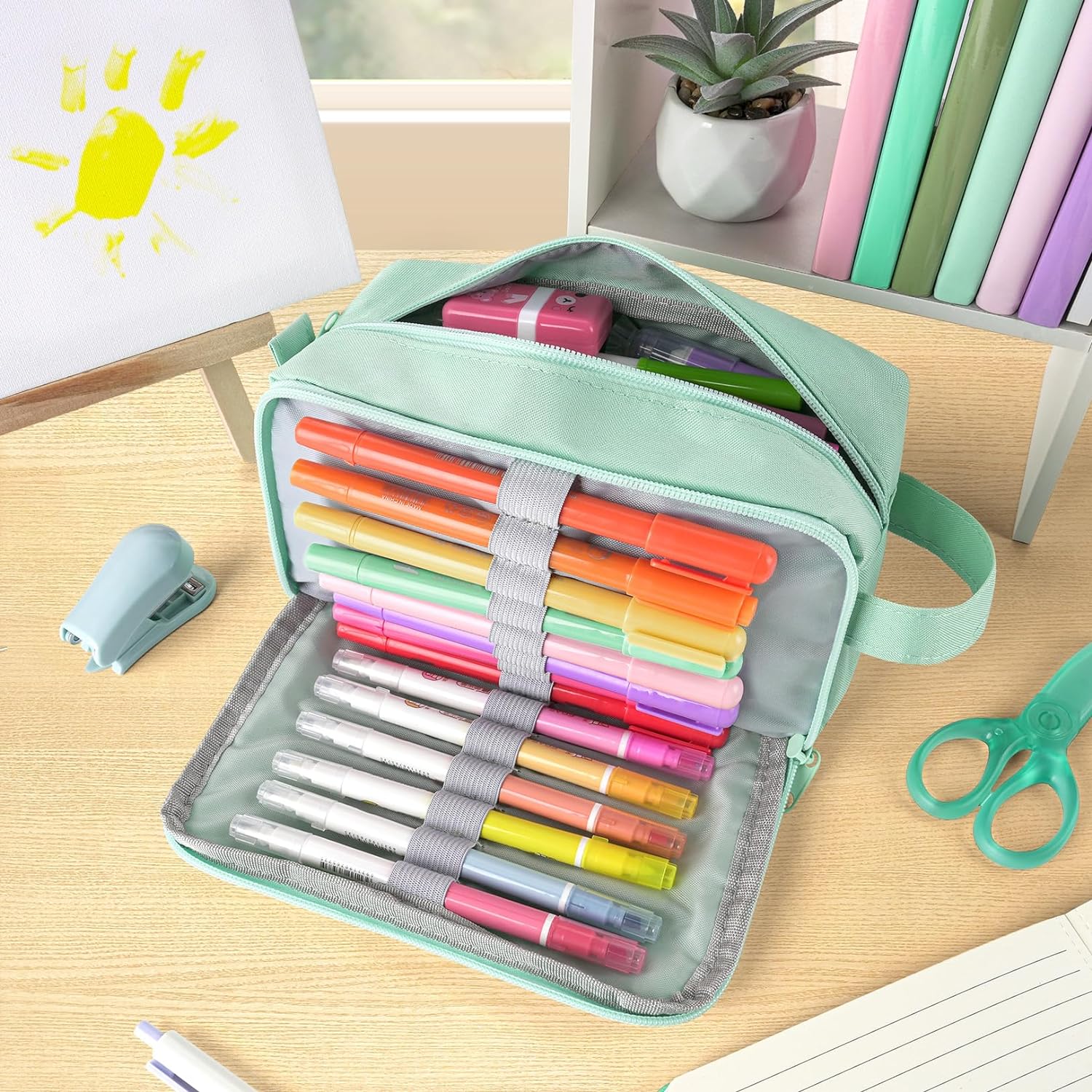 Sooez 𝐎𝐫𝐢𝐠𝐢𝐧𝐚𝐥 High Capacity Pencil Case, Big Pencil Bag Pouch Box Organizer Pen Case, Portable Journaling Supplies with Easy Grip Handle & Loop, Aesthetic Supply for Girls Adults, Mint Green-1